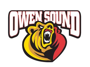 The logo of the Owen Sound Attack, and Ontario Hockey League team. The logo features an drawing of a roaring bear head, coloured half yellow and half red, with the words