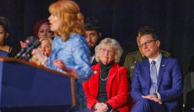 At right is Pennsylvania Governor Josh Shapiro listening to Stacy Garrity, 78th State Treasurer, Forum Auditorium, Harrisburg, PA, Tuesday, Jan. 21, 2025. Day of her swearing in.