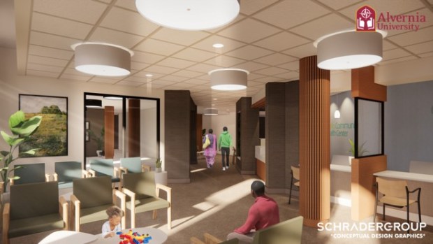 An artist's rendering of the lobby of the future community-based health center being created as part of Alvernia University's renovation of downtown Reading's historic American House. (Courtesy of Alvernia University)
