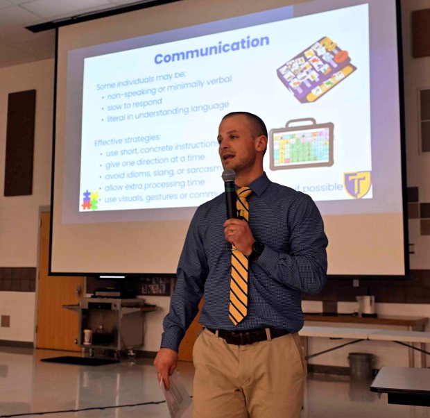 Taylor Charles, Tulpehocken School District assistant to the superintendent for student services, talks about how to communicate with an individual with autism during an Autism for First Responders program at Penn-Bernville Elementary School on Tuesday, Jan. 20, 2026. (BILL UHRICH/READING EAGLE)