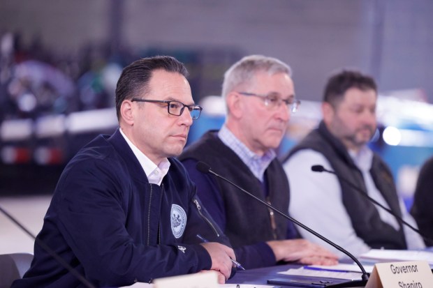 Gov. Josh Shapiro and Pennsylvania Department of Agriculture Secretary Russell Redding hosted poultry producers and industry leaders for a roundtable discussion on the ongoing surge in avian flu infections at the Lancaster County Rapid Response Center Feb. 24. (Courtesy of Commonwealth Media Services)