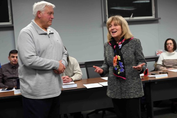 State Sen. Judy Schwank lauds retiring Central Berks Police Chief Raymond Serafin during a ceremony at the Mount Penn Borough Hall on Tuesday, Jan. 27, 2026. (BILL UHRICH/READING EAGLE)