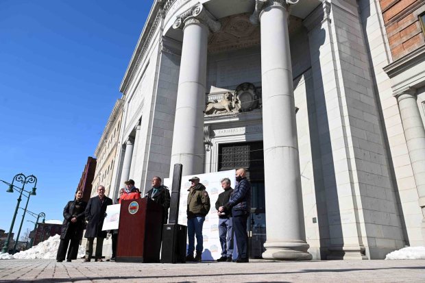 Reading Mayor Eddie Moran announces with developer Alan Shuman a plan for the redevelopment of the properties at Fifth and Penn streets during a ceremony on Penn Square Thursday, Feb. 5, 2026. (BILL UHRICH/READING EAGLE)