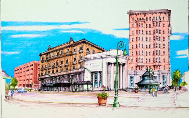 An artist's rendering of plans for the development of Fifth and Penn streets. (BILL UHRICH/READING EAGLE)