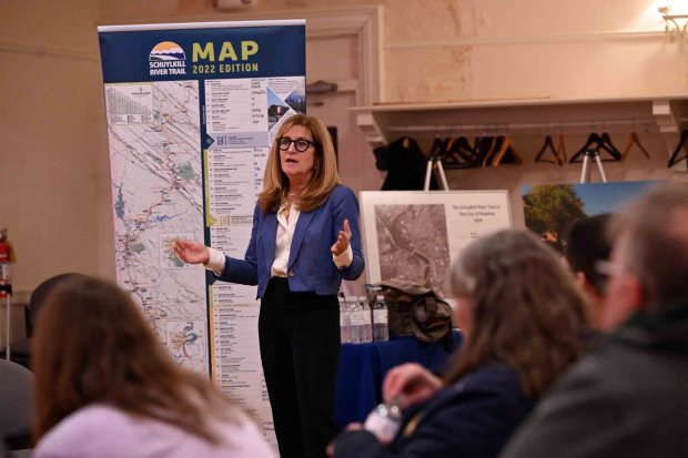 Elaine Schaefer, Schuylkill River Greenways executive director, described the Schuylkill River Trail as a growing region asset during a meeting Thursday, Jan. 29, 2026, at the WCR Center for the Arts, 140 N. Fifth St., on redesigning the Reading Gateway Bridge. (BILL UHRICH/READING EAGLE)