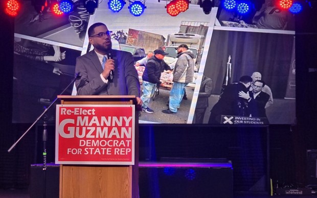 State Rep. Manny Guzman speaks to supporters about why he's seeking reelection during a campaign kickoff event Tuesday at the Reverb Club in Reading. (KAREN SHUEY - READING EAGLE)