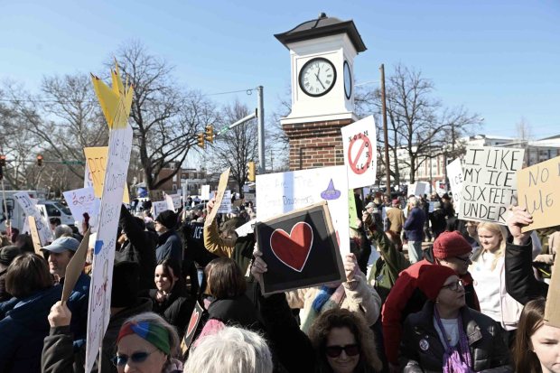 Several thousand people protested in Wyomissing Saturday against the Immigration and Customs Enforcement's purchase of a warehouse in Upper Bern Township for use as a processing facility for detainees. (BILL UHRICH/READING EAGLE)