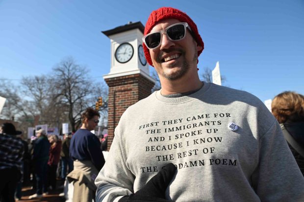 Mark Sewell of Reading attended an Immigration and Customs Enforcement protest in Wyomissing Saturday because he knows how the poem by Pastor Martin Niemoller ends. (BILL UHRICH/READING EAGLE)
