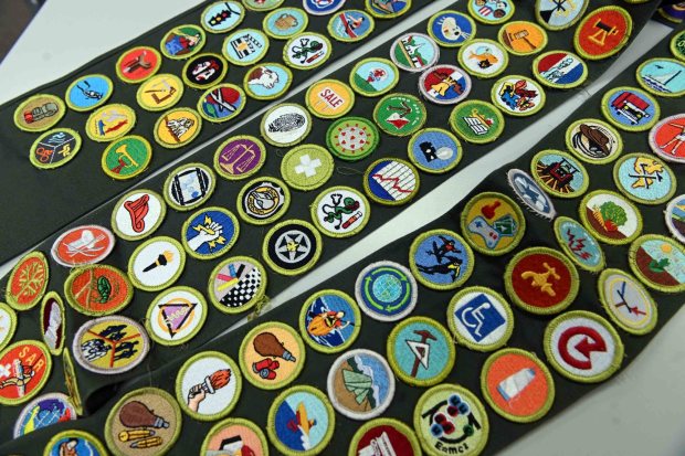 Oliver Messner's sash displays all of the merit badge offered by the Scouts. (BILL UHRICH/READING EAGLE)