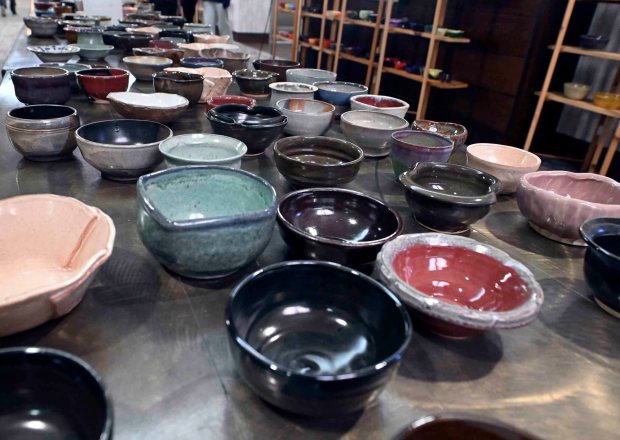 Bowls crafted by local artisans are on display at the 24th annual Souper Bowl to benefit Opportunity House at the DoubleTree by Hilton hotel, 701 Penn St., on Monday, Feb. 2, 2026. (BILL UHRICH/READING EAGLE)