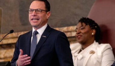 Gov. Josh Shapiro makes his annual budget proposal in the state House chamber Tuesday, Feb. 3, 2026. House Speaker Joanna McClinton is seated behind him.
