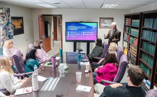 Michael Barkann speaks to the attorneys and staff at O'Connor Law in Frackville, Monday, Feb. 16, 2026. (MATTHEW PERSCHALL/MULTIMEDIA EDITOR)