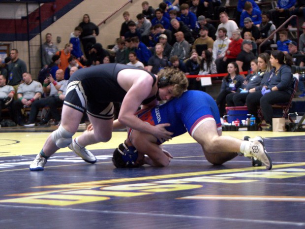 Mahanoy Area's Kyler Quick wrestles North Schuylkill's Cadyn McGraw at the District 11 Individual Wrestling Championships at Liberty High School in Bethlehem on Saturday, Feb. 21, 2022. (RYAN SHARP/STAFF PHOTO)