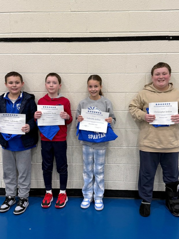 Mid Valley Elementary Center's Outstanding Spartans for January in fourth through sixth grades, from left: Cayson Lukowski, fourth grade; Benjamin Kane, fifth grade; Gabriella Arthur, sixth grade, and Christopher Jenkins, sixth grade. (Submitted)
