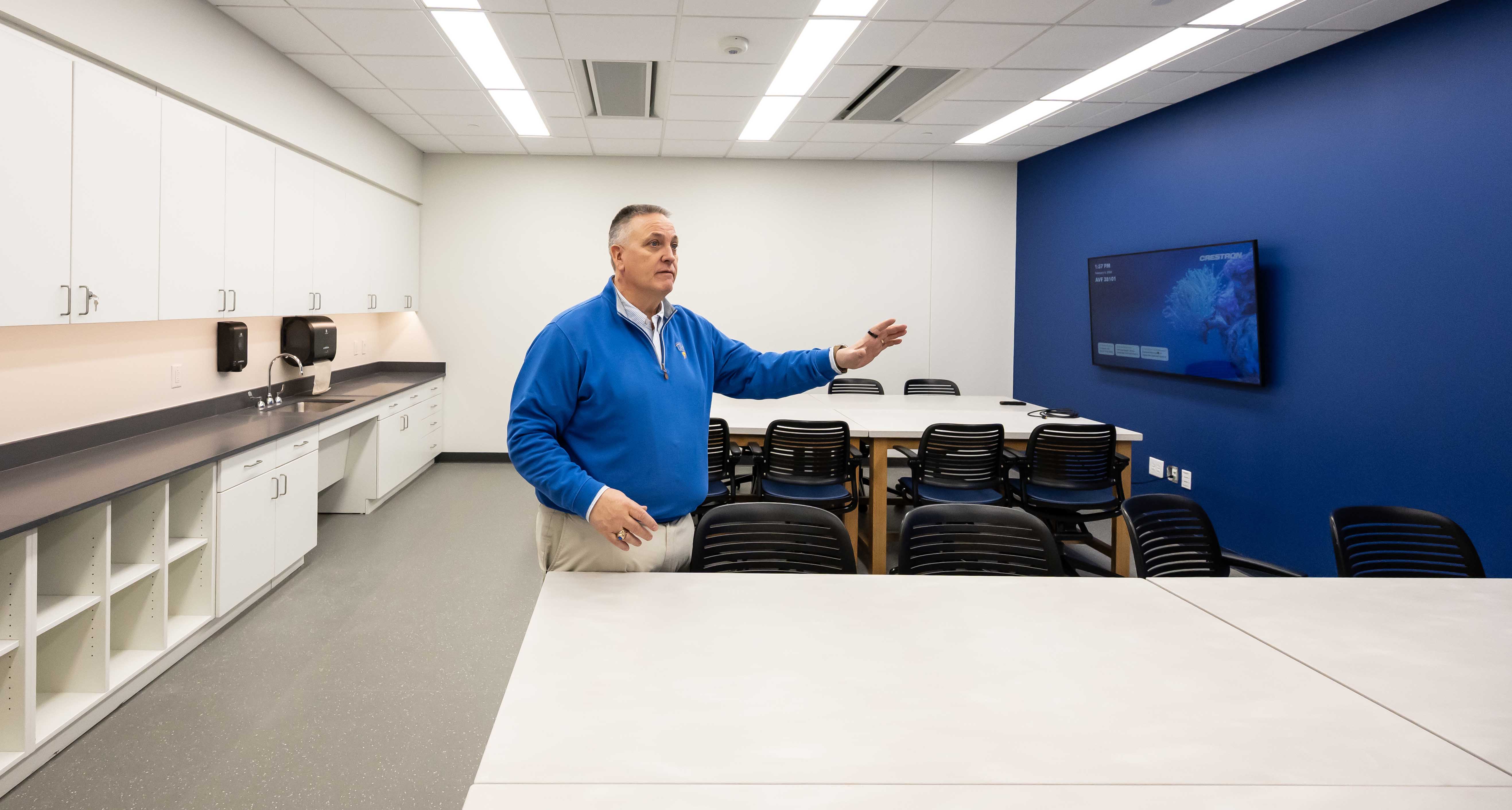 Tom Platt, a professor of emergency medicine, said the ambulance simulators at Fifth and Halket will have everything that real ambulances have inside. Students will be able to run a scenario in the floor space and then move the patient into the ambulance for transport. (Aimee Obidzinski | University of Pittsburgh)