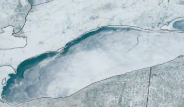 A satellite image of the crack forming on the Canadian side, moving southwest toward Cleveland on Sunday.