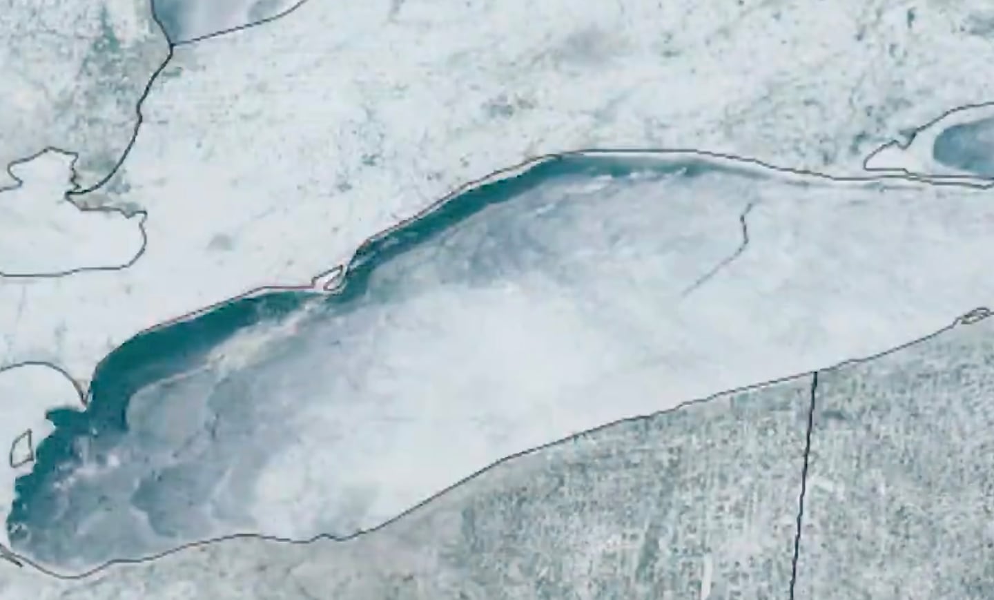 A satellite image of the crack forming on the Canadian side, moving southwest toward Cleveland on Sunday.