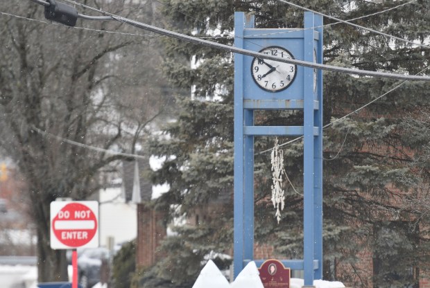 The clock tower on State St. and Depot St. in Clarks Summit Thursday, February 12, 2026. (SEAN MCKEAG / STAFF PHOTOGRAPHER)