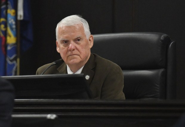 Lackawanna County Commissioner Thom Welby listens to public comment at the county government center Wednesday, February 4, 2026. (SEAN MCKEAG / STAFF PHOTOGRAPHER)