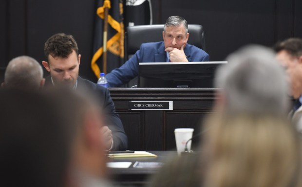 Lackawanna County Commissioner Chris Chermak looks on during the commissioners' meeting at the county government center in Scranton Wednesday, February 18, 2026. (SEAN MCKEAG / STAFF PHOTOGRAPHER)