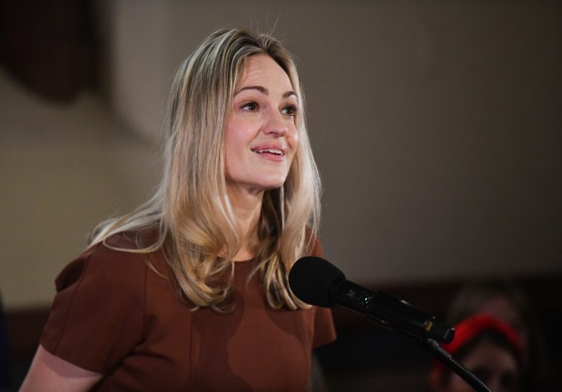 Scranton Mayor Paige Gebhardt Cognetti speaks during her inaugaration ceremony on the steps of City Hall in Scranton Monday, January 5, 2025. (SEAN MCKEAG / STAFF PHOTOGRAPHER)