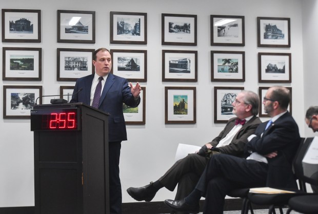Lackawanna County District Attorney Brian Gallagher speaks during the commissioners meeting at the county government center Tuesday, February 24, 2026. (SEAN MCKEAG / STAFF PHOTOGRAPHER)