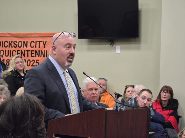 Data center attorney Raymond Rinaldi speaks during a public hearing Tuesday, Jan. 20, 2026, in the Dickson City Borough Building. (FRANK WILKES LESNEFSKY / STAFF PHOTO)
