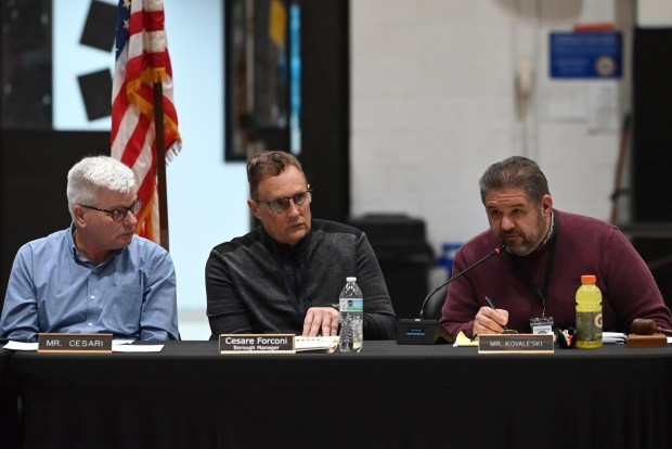 Dickson City Council President Jeffrey Kovaleski speaks during the public hearing on a zoning ordinance to regulate data centers in Dickson City at the Dickson City Civic Center on Thursday, Feb. 12, 2026. (REBECCA PARTICKA/STAFF PHOTOGRAPHER)
