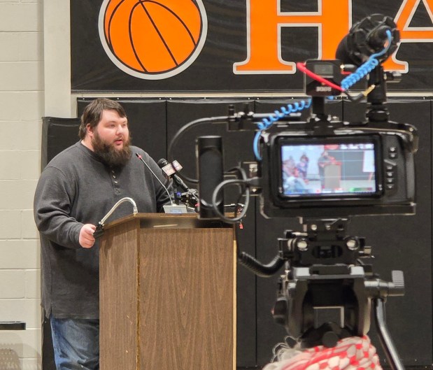 Dickson City resident Gerard Sosnowski asks, "Are we willing to risk the future of our community for maybes?" during a public hearing on data center legislation at the Dickson City Civic Center on Thursday, Feb. 12, 2026. (FRANK WILKES LESNEFSKY / STAFF PHOTO)