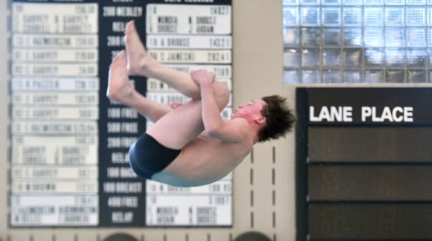 Tunkhannock's Blayne Roosa competes in the Les Richards Diving Championship at Scranton High School in Scranton Friday, February 13, 2026. (SEAN MCKEAG / STAFF PHOTOGRAPHER)