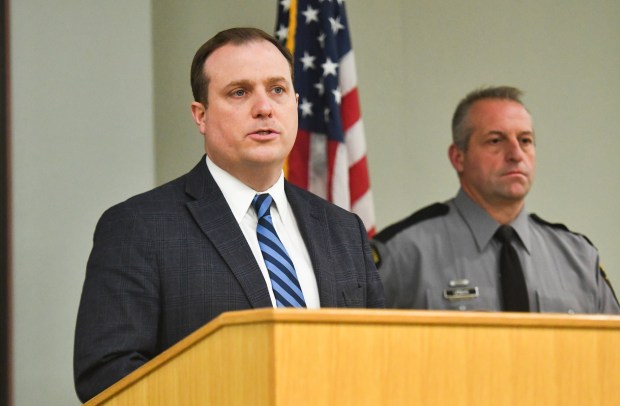 Lackawanna County District Attorney Brian Gallagher speaks during a press conference held at the Geisinger Community Medical Center Office Building in Scranton Monday, November 24, 2025. (SEAN MCKEAG / STAFF PHOTOGRAPHER)
