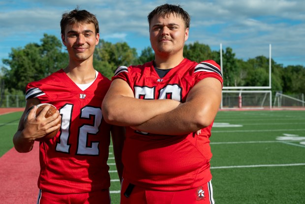 Chase and Cole Zimmerman on the field at North Pocono Middle School on Monday, Aug. 18, 2025. (REBECCA PARTICKA/STAFF PHOTOGRAPHER)