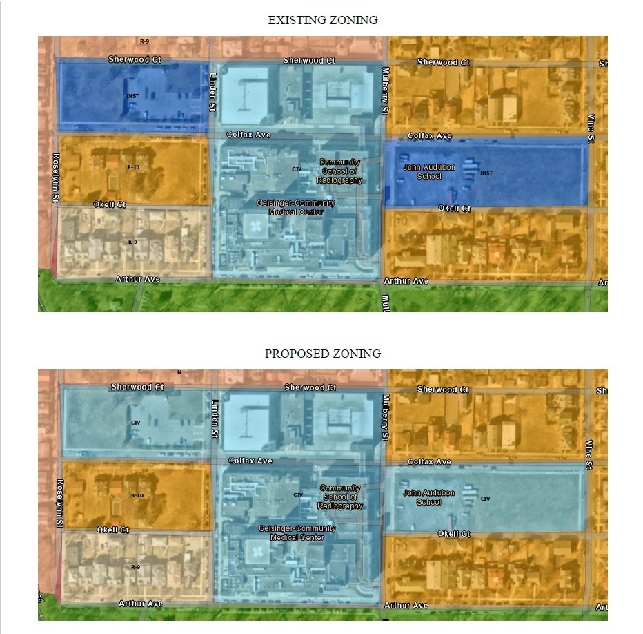 A map showing existing zoning in the area of Geisinger...