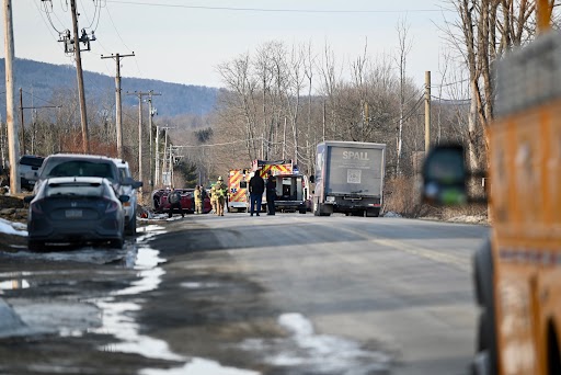 Emergency crews respond to the scene of a rollover crash on Route 247 in Greenfield Twp. on Thursday afternoon. (Rebecca Particka / Staff Photographer)