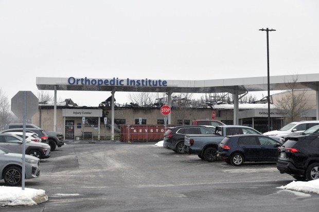 Vehicles are parked in the lot of Lehigh Valley Hospital - Dickson City Friday, February 6, 2026. (SEAN MCKEAG / STAFF PHOTOGRAPHER)
