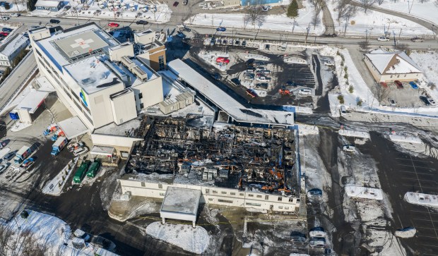 An aerial view Lehigh Valley Hospital - Dickson City where the hospital's Orthopedic Institute sustained fire damage Thursday, February 5, 2026. (SEAN MCKEAG / STAFF PHOTOGRAPHER)