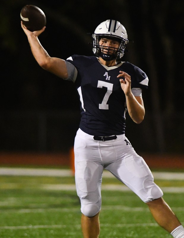 Abington Heights' Nick Bradley passes against Valley View at Abington Heights football stadium in S. Abington Twp. Friday, Sept. 12, 2025. (SEAN MCKEAG / STAFF PHOTOGRAPHER)