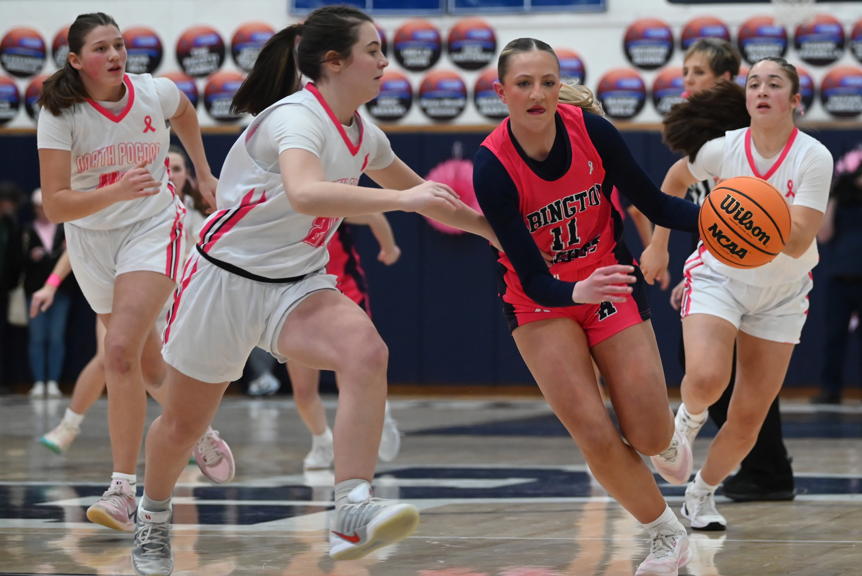 Abington Heights’ Abby Schneider moves the ball against North Pocono’s...