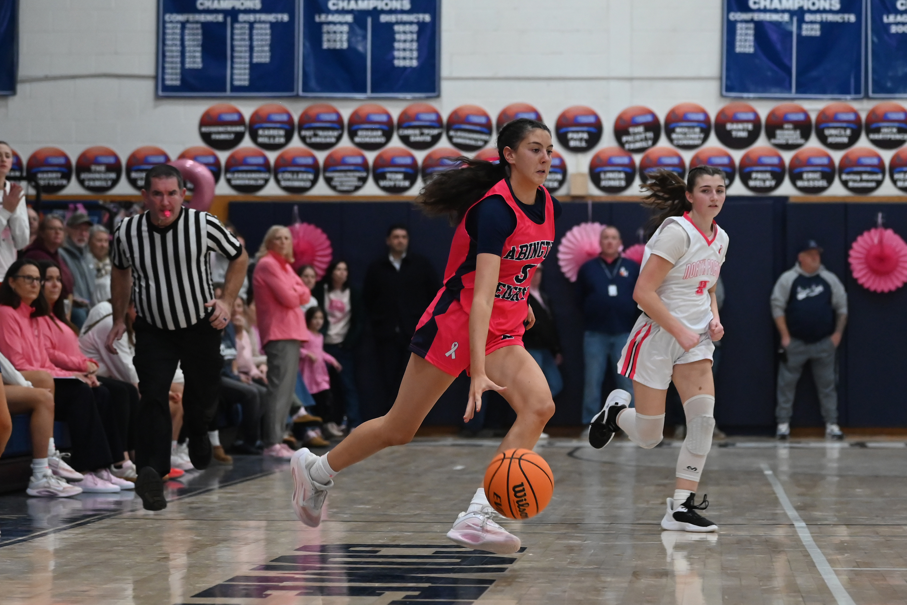 Abington Heights’ Emma Coleman moves the ball during the basketball...