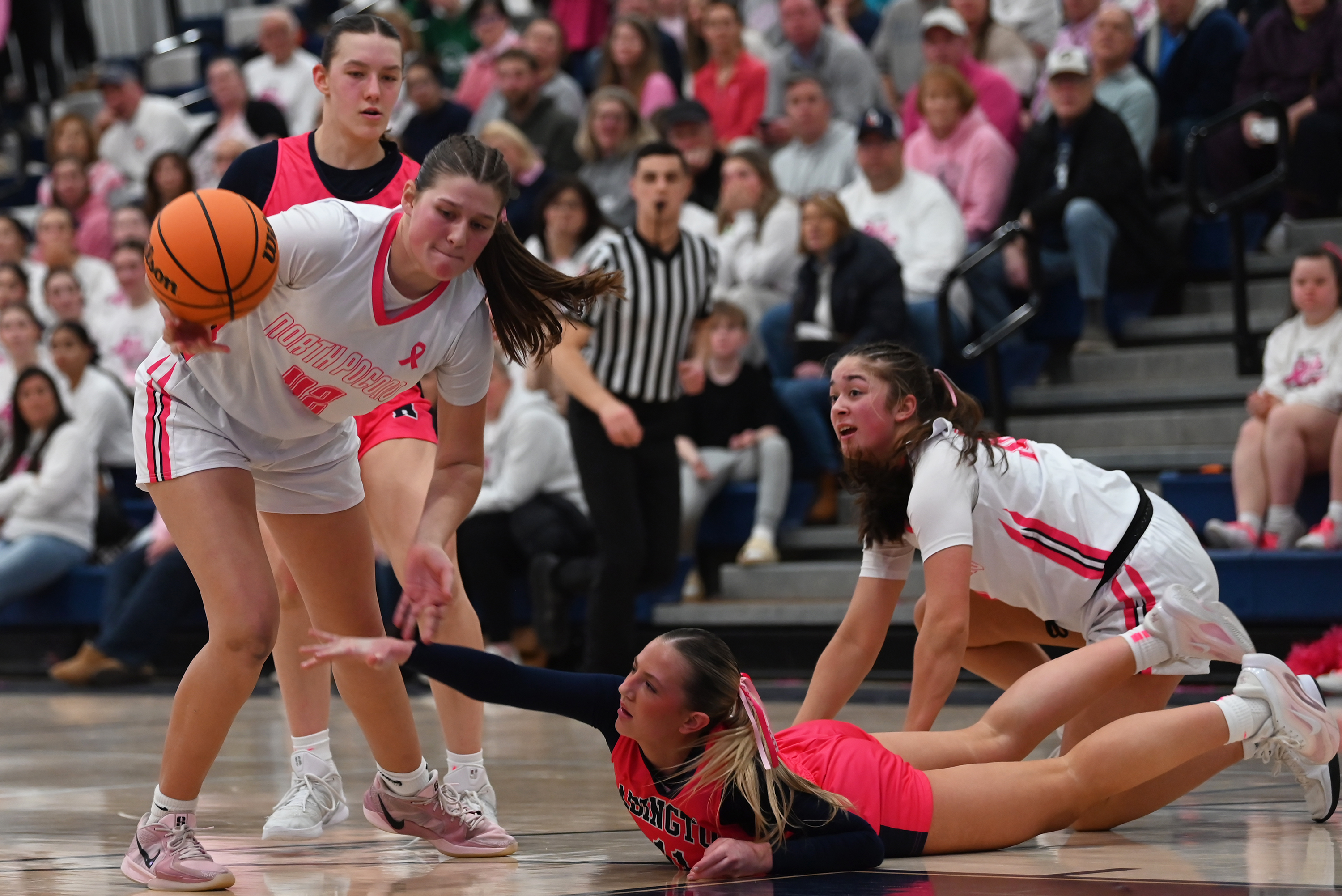 North Pocono’s Anna Clementoni, left, and Abington Heights’ Abby Schneider,...