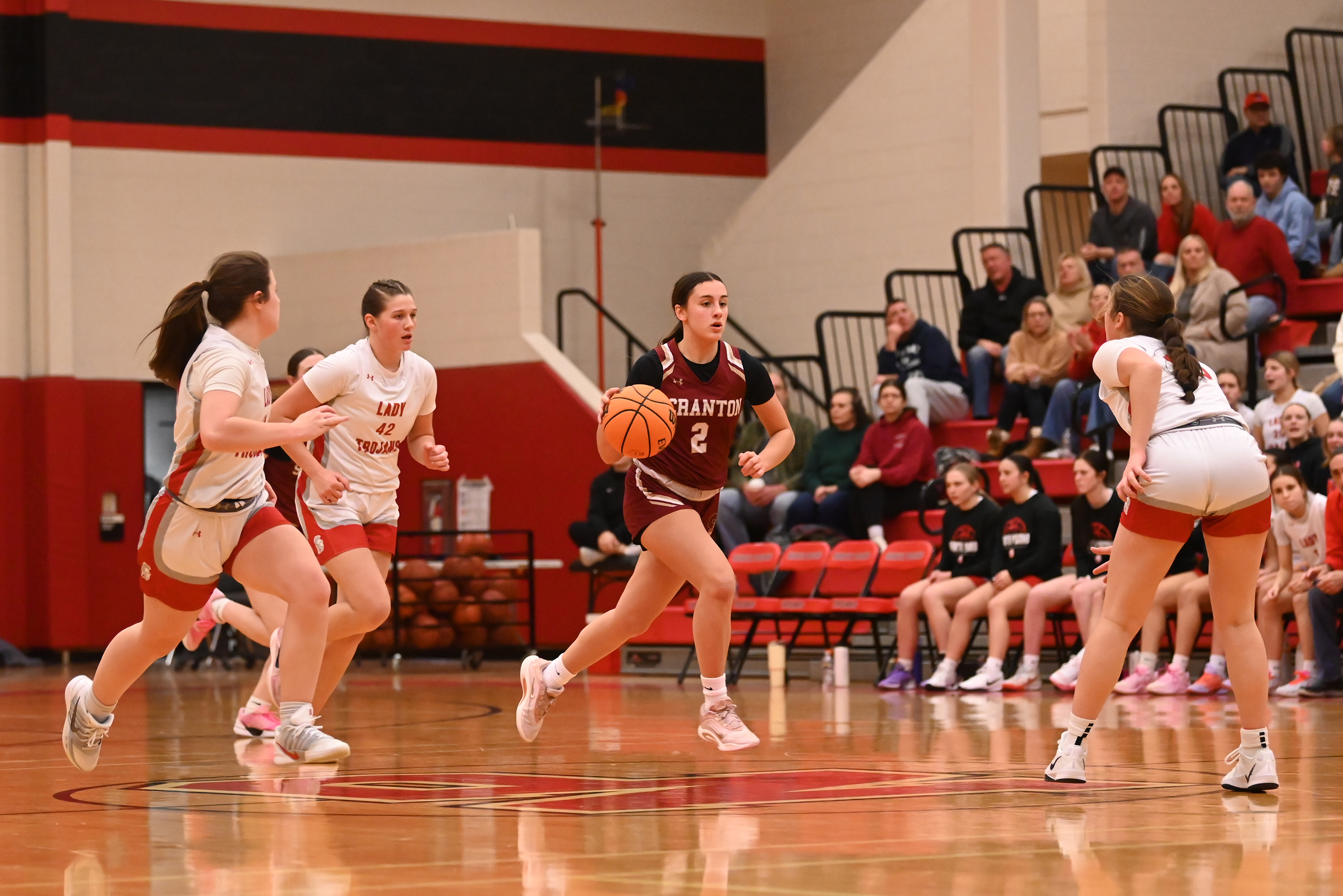 Scranton’s Chrissy Jacklinski moves the ball up the floor during...