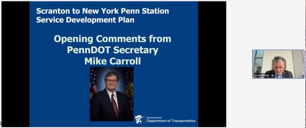PennDOT Secretary Mike Carroll during a webinar on Thursday, Feb. 19, 2026, on restoring passenger rails between Scranton and New York City. (IMAGE SCREEN COPY / PENNDOT WEBINAR)