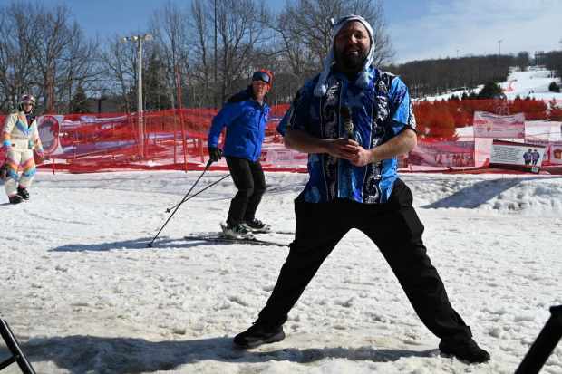 DJ Dan Wineman, enjoying time between tunes Saturday at the annual Polar Plunge at Montage Mountain on Feb. 28, 2026. (GERI GIBBONS/STAFF PHOTO)