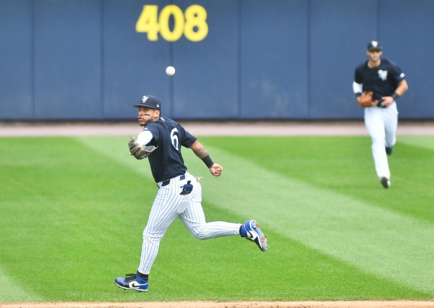 Railriders' Jorbit Vivas makes a back-handed catch to close out the second inning against the Lehigh Valley IronPigs at PNC Field in Moosic on Wednesday, Sept. 10, 2025. (SEAN MCKEAG / STAFF PHOTOGRAPHER)