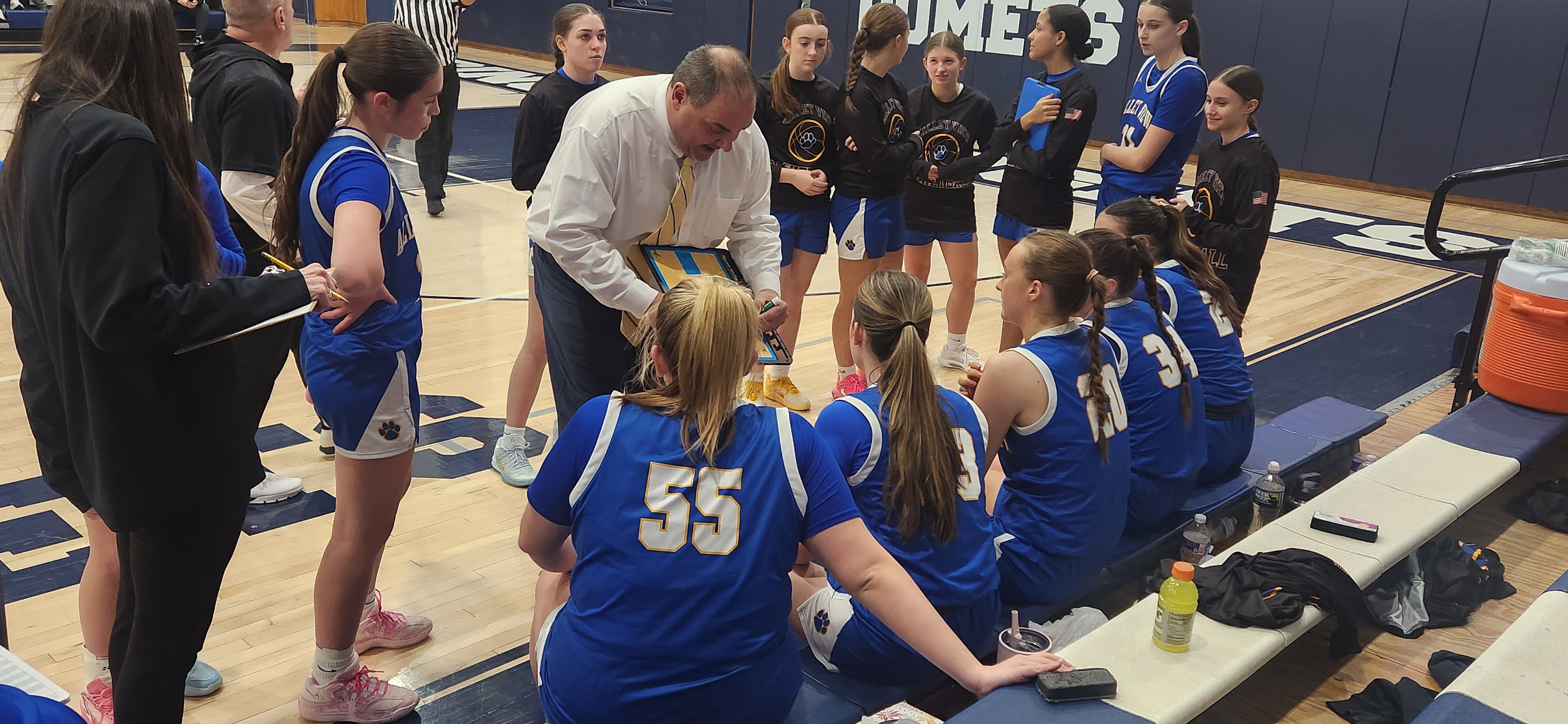 Valley View coach Rob Martin talks to his team during...