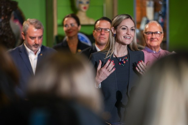 Scranton Mayor Paige Cognetti speaks during Pa. Gov. Josh Shapiro's visit to Scranton on Friday, Dec. 13, 2024. (JASON ARDAN / STAFF PHOTOGRAPHER)