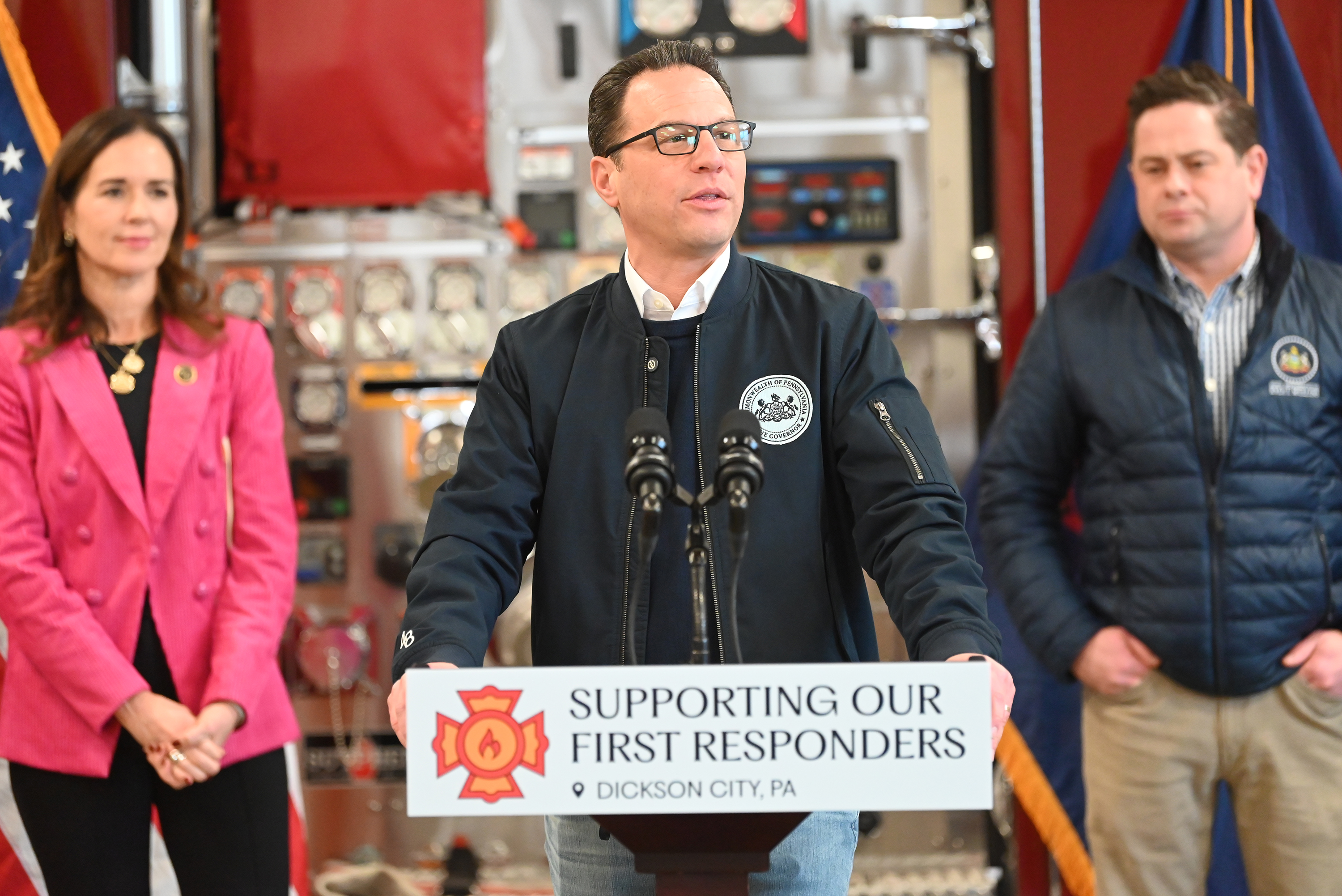 Governor Josh Shapiro speaks during the press conference at Dickson...