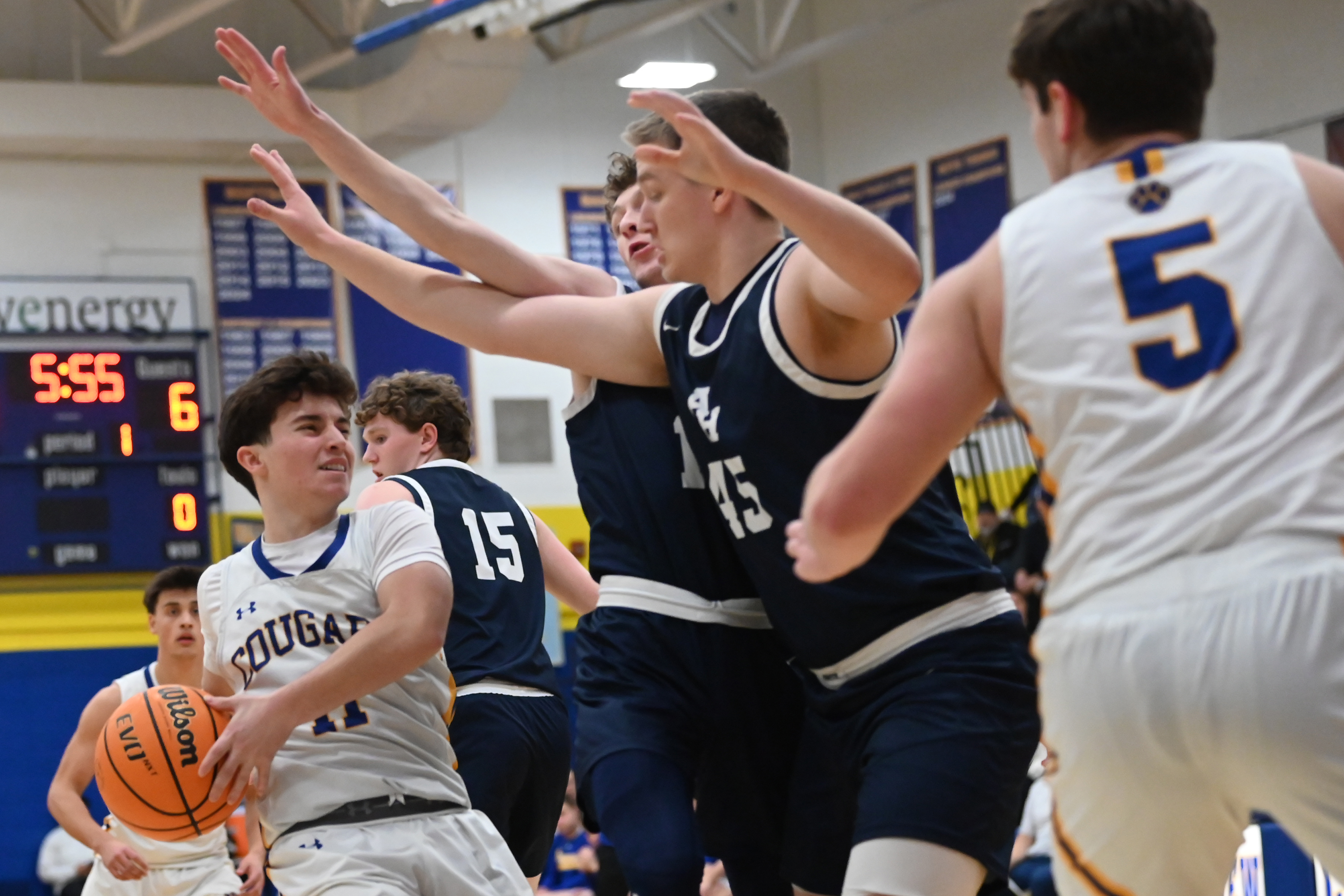 Valley View’s Aiden Plotkin holds the ball during the basketball...
