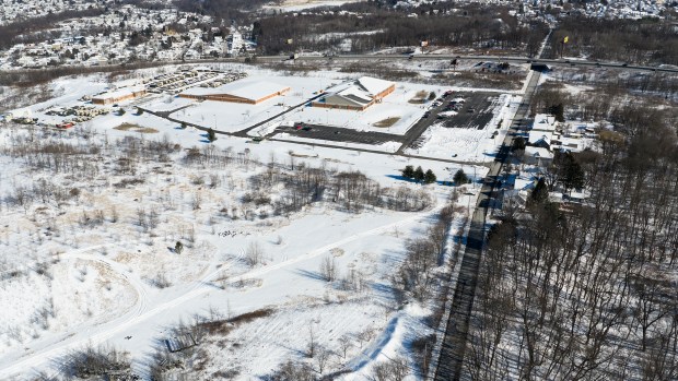An aerial view of the U.S. Armed Forces Reserve Center on Olyphant Avenue in Scranton Monday, February 12, 2026. (SEAN MCKEAG)