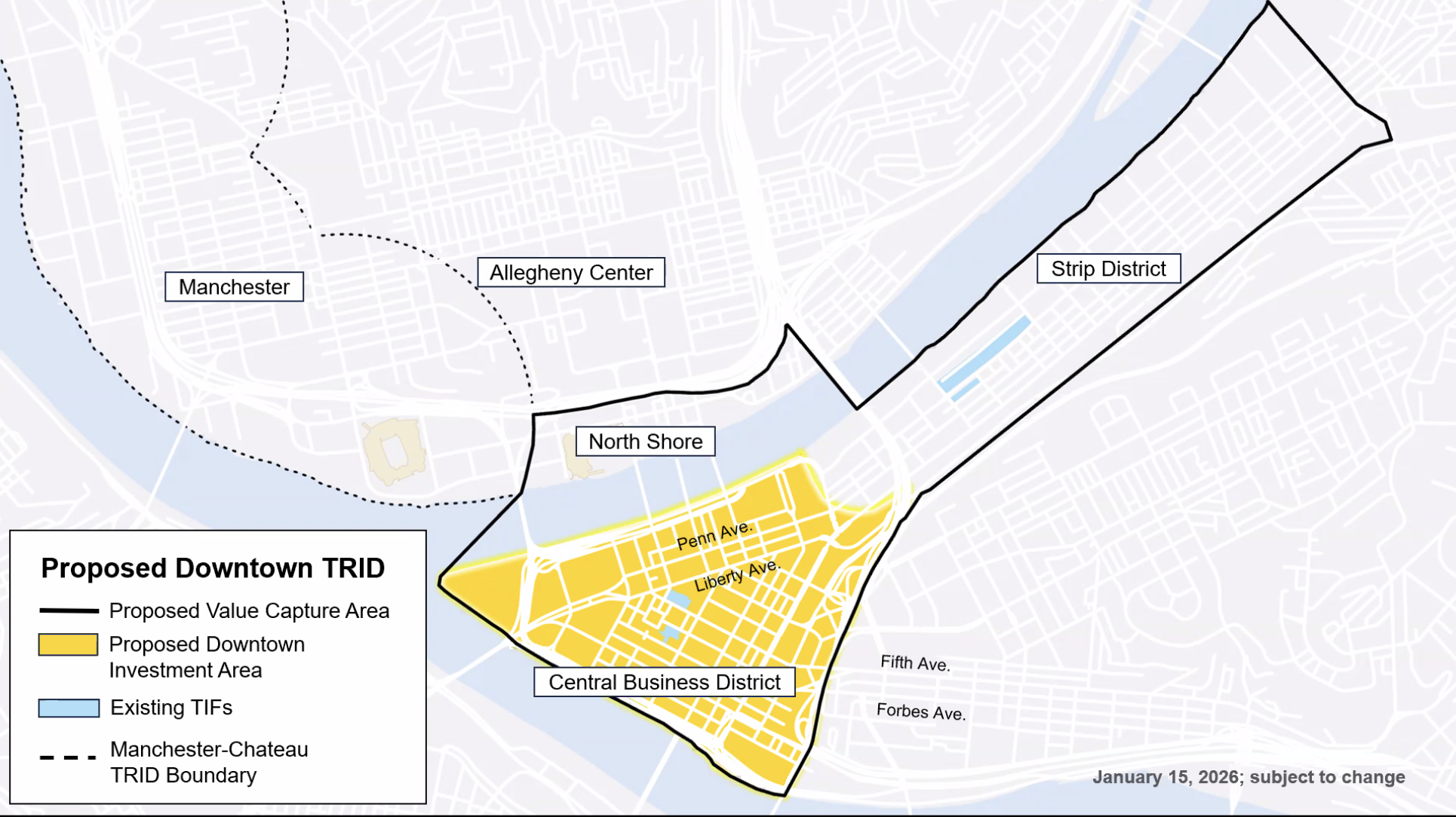Map showing Pittsburgh’s Central Business District, North Shore, and Strip District with boundaries for the Proposed Downtown TRID, investment areas, and existing TIFs highlighted.